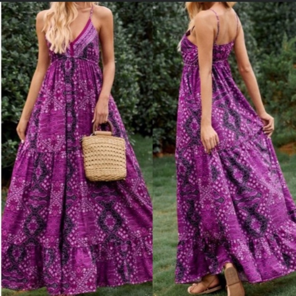 Bohemian Gypsy Purple Ruffle Cami Maxi Dress Floral - Picture 7 of 11